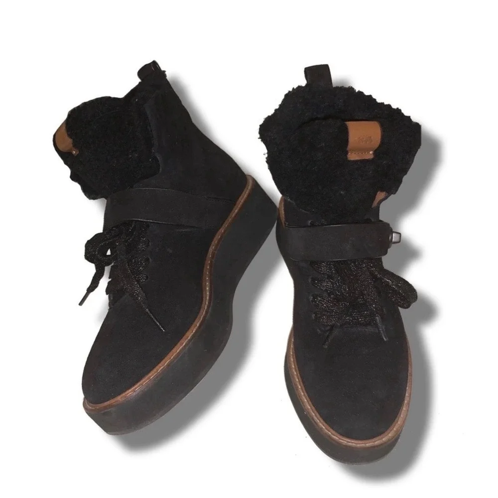 COACH G1354 Urban Hiker Shearling Suede Platform Ankle Boots Black 8.5